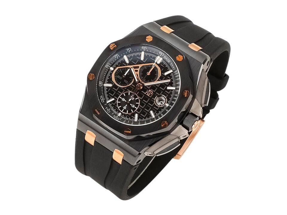 Royal Oak Offshore Chronograph Gims Ceramic with black dial (44mm), featuring rose gold accents and a black rubber strap.