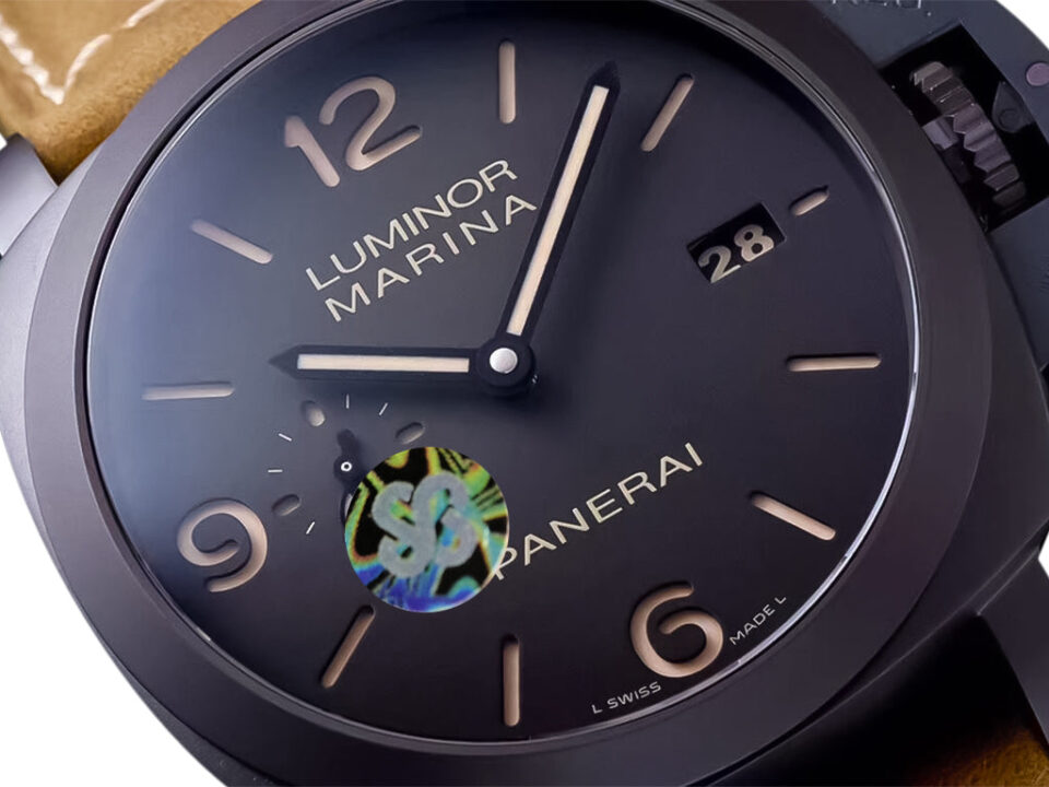 Close-up of Luminor 1950 Marina 3 Days Automatic with black dial, brown strap, silver hands, and a date display at 3 o'clock.