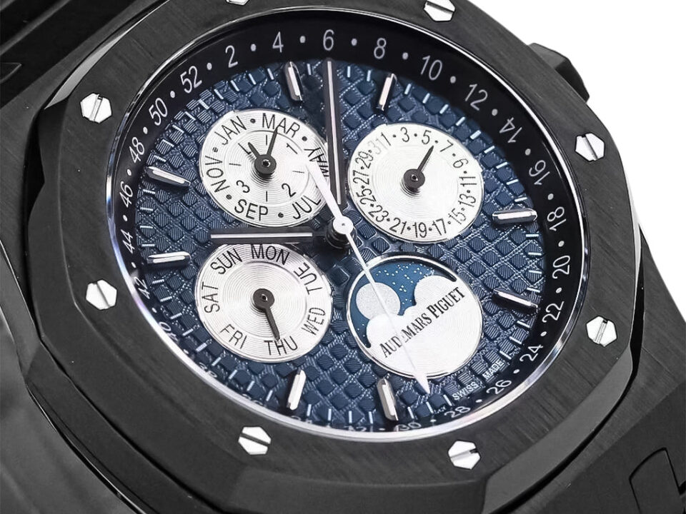 Royal Oak 'Perpetual Calendar' Ceramic with Blue Dial (41mm) featuring day, date, month, and moon phase subdials.