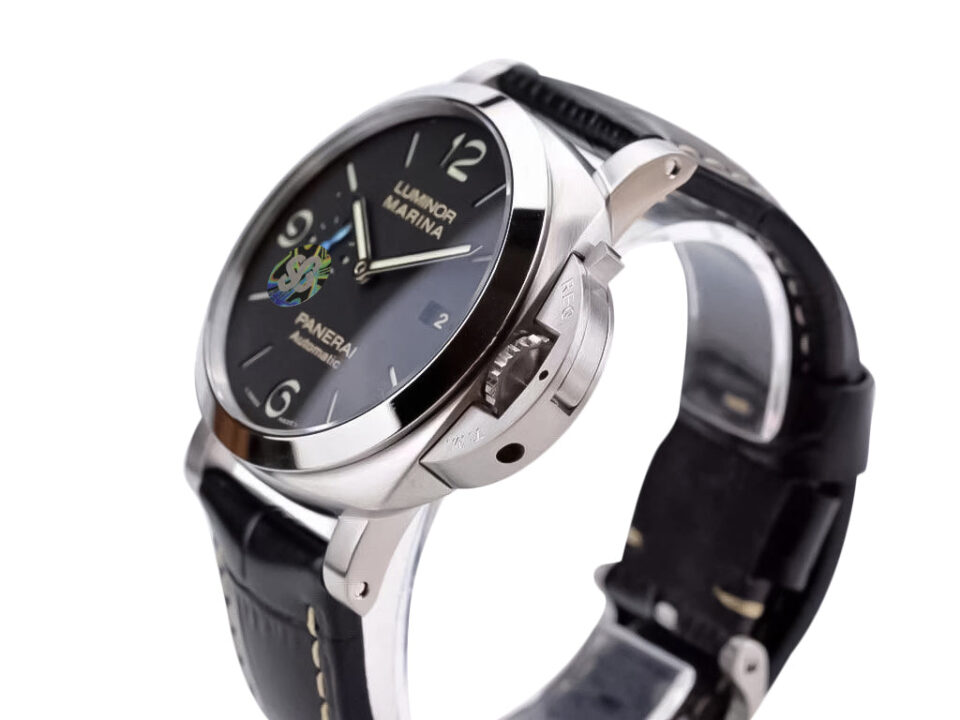 Luminor 1950 44 3 Days Automatic watch with brushed stainless steel case, polished bezel, black dial, and leather strap.