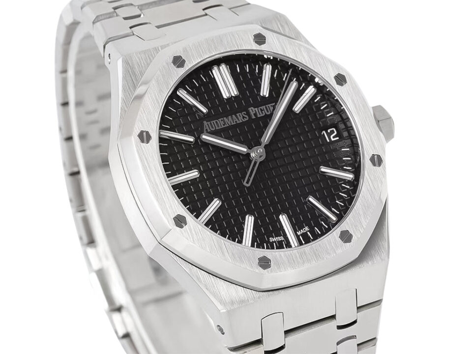 Royal Oak Stainless Steel '50th Anniversary' watch with black dial, 41mm case, and signature octagonal bezel design.