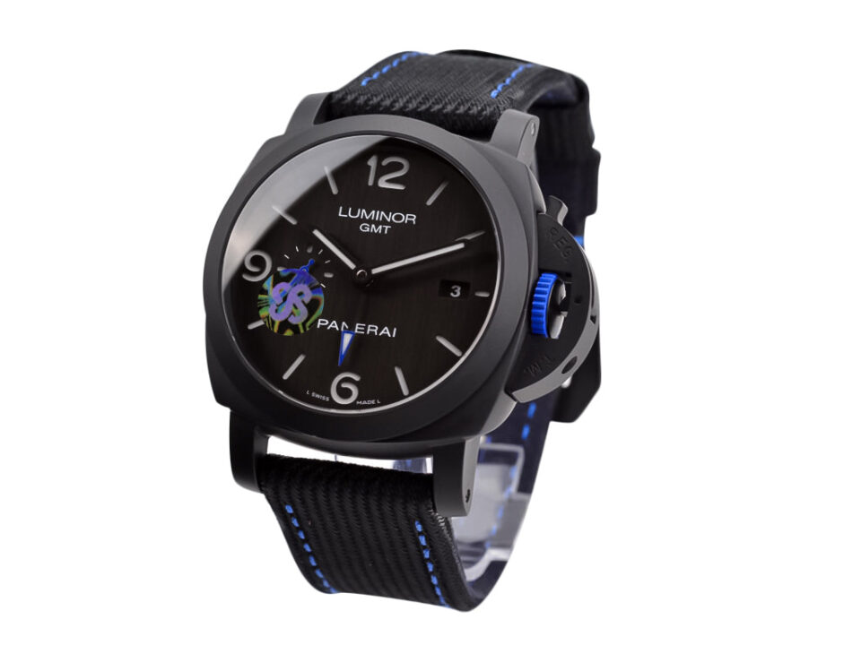 Luminor 1950 44 GMT Automatic 'Bucherer Blue Label Edition' watch with DLC-coated ceramic case and blue-accented black strap.