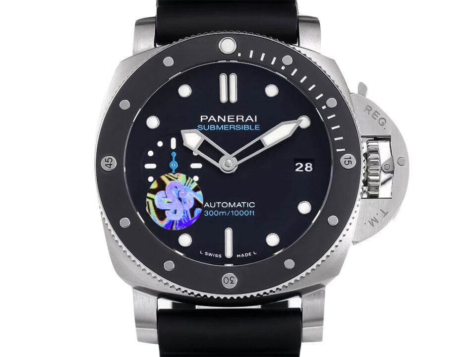 Luminor Submersible 42 watch with stainless steel case, black ceramic bezel, black dial, & rubber strap displayed front view.