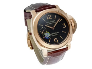 Luminor Marina 44 8 Days Automatic watch in red gold with a brown dial and brown leather strap, displayed at an angle.