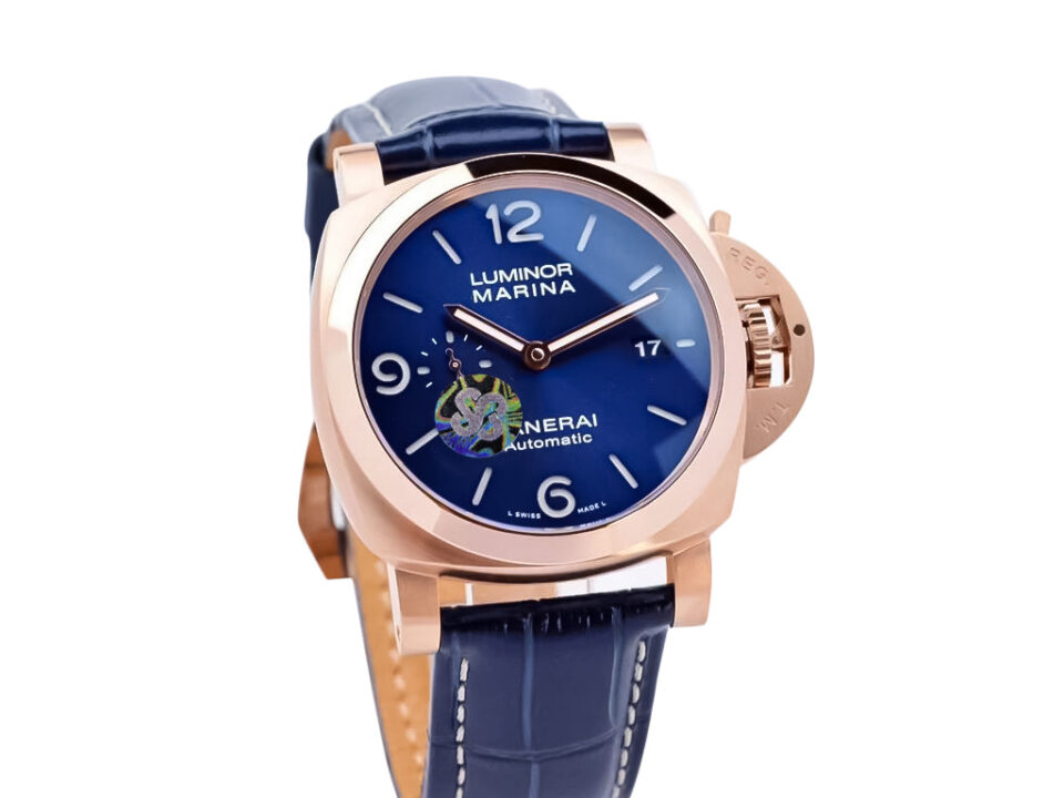 Luminor 1950 44mm Goldtech Cushion Case watch with ‘Sole Blu’ sunburst dial, blue leather strap, and automatic movement.