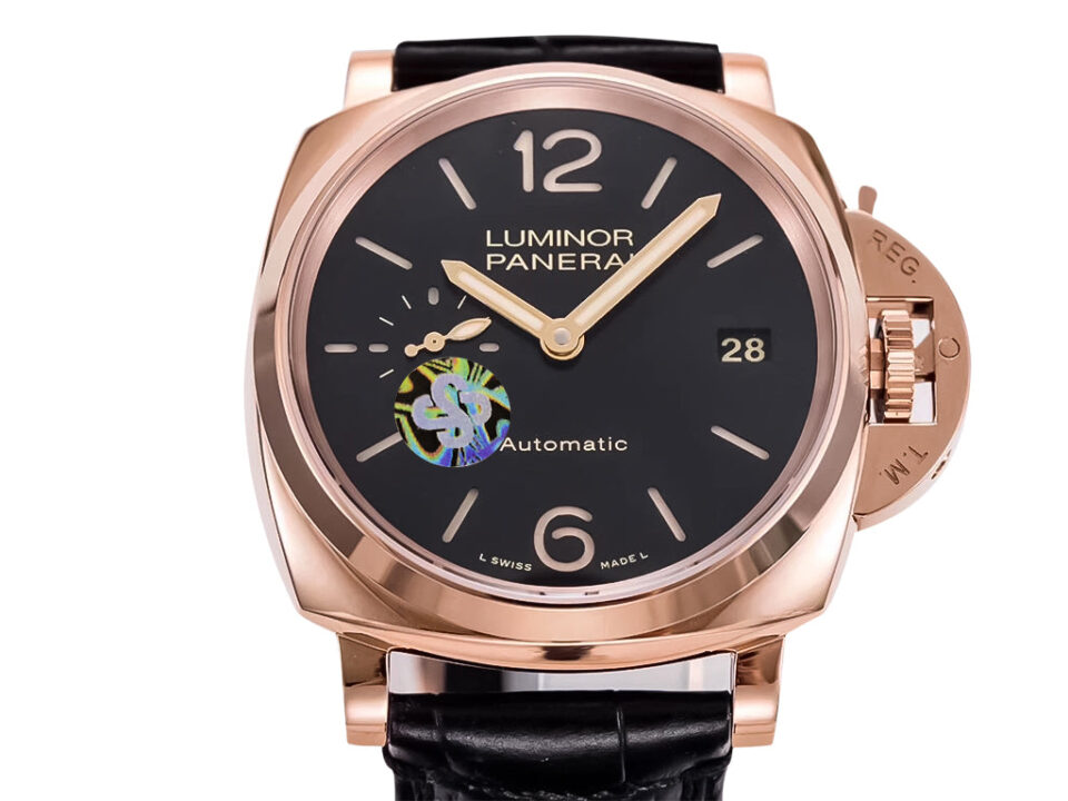 Luminor Due 38 Automatic watch with red gold case, black dial, and black strap featuring a date display at 3 o'clock.