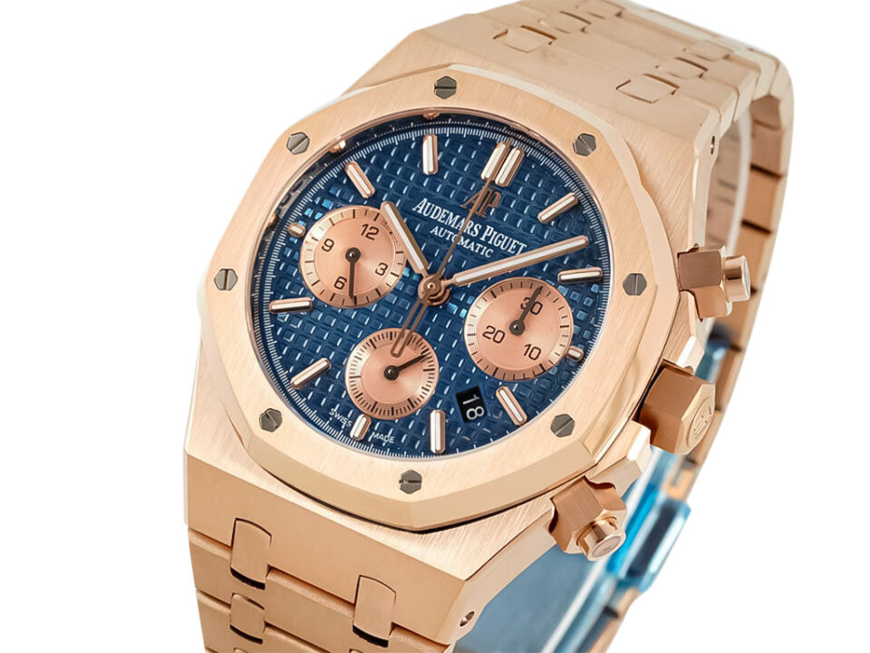 Royal Oak Chronograph Pink Gold with Blue Dial (41mm) featuring a luxurious pink gold case and bracelet blue patterned dial.
