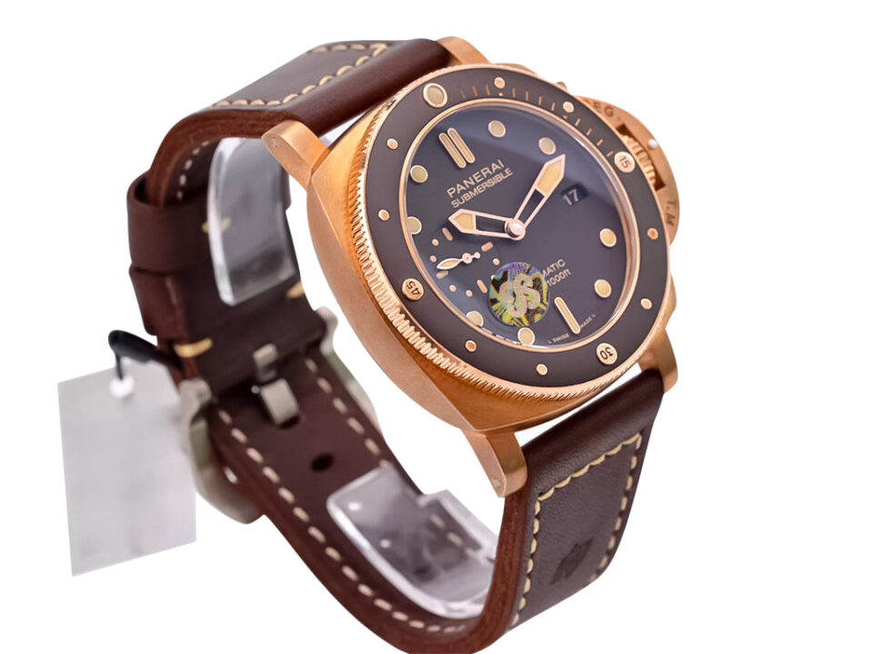 Luminor Submersible 3 Days Automatic ‘Bronzo’ watch with bronze case, titanium caseback, and brown leather strap.