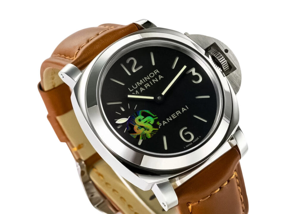 Luminor Marina Stainless Steel watch with a black dial, luminous markers, and brown leather strap displayed at an angle.