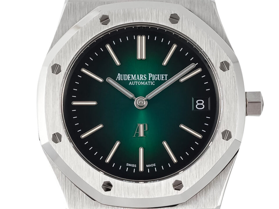 Royal Oak ‘Jumbo Extra-Thin’ Stainless '50th Anniversary' with smoked green dial, octagonal bezel, and date display.