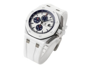 Royal Oak Offshore Chronograph Ceramic with white dial, 44mm, featuring a sleek design and durable white strap.