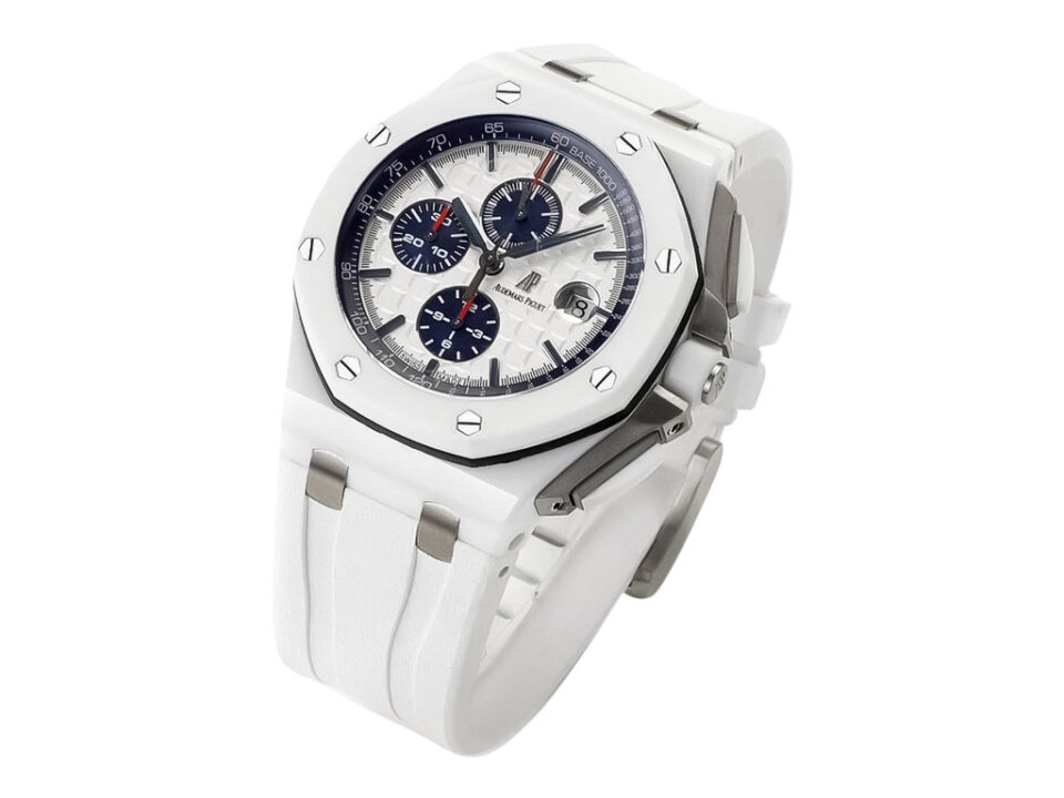 Royal Oak Offshore Chronograph Ceramic with white dial, 44mm, featuring a sleek design and durable white strap.