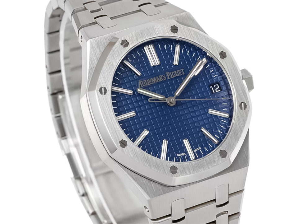 Royal Oak Stainless Steel '50th Anniversary' watch with blue dial (41mm), featuring textured face and sleek bracelet design.