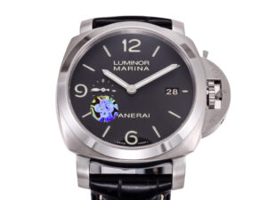 Luminor 1950 3 Days Automatic Stainless Steel watch with black dial, date display, and black leather strap (44mm).