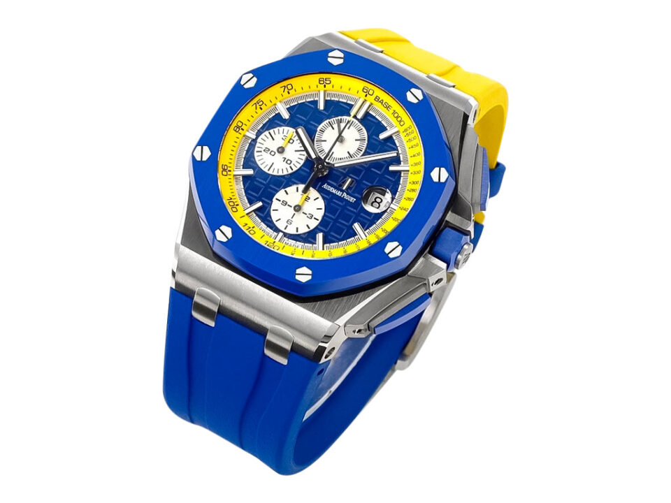 Royal Oak Offshore Chronograph 'Ukrainian Flag' (44mm) with blue and yellow bezel, matching strap, and bold dial design.