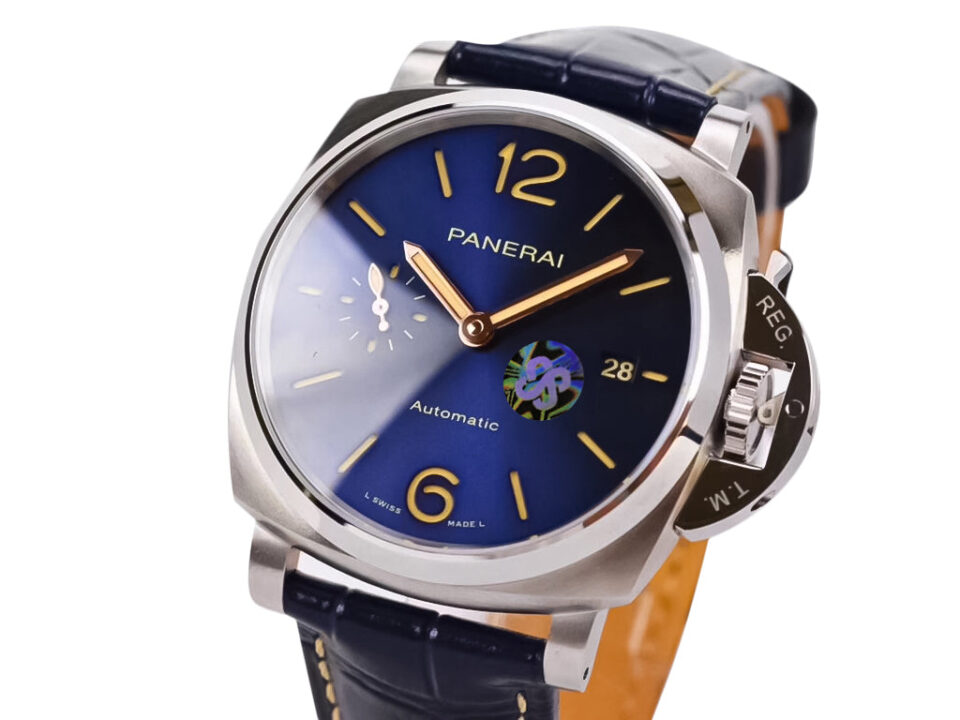 Luminor Due 42 Automatic watch with a titanium case, blue dial, and matching blue leather strap displayed at an angle.
