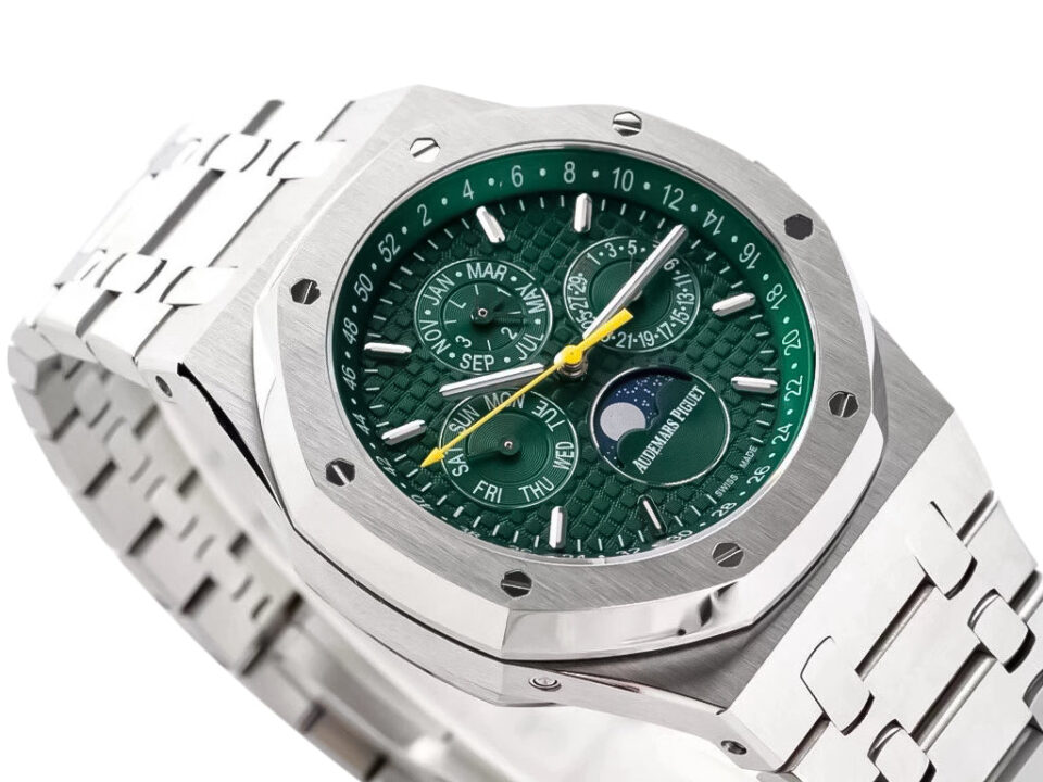 Royal Oak Perpetual Calendar Limited Edition watch in stainless steel, 41mm, with green dial and intricate calendar features.
