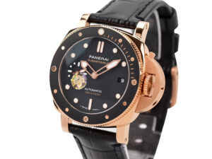 Luminor Submersible 42 3 Days Automatic ‘Goldtech’ Red Gold Case with Black Dial and Black Leather Strap displayed upright.