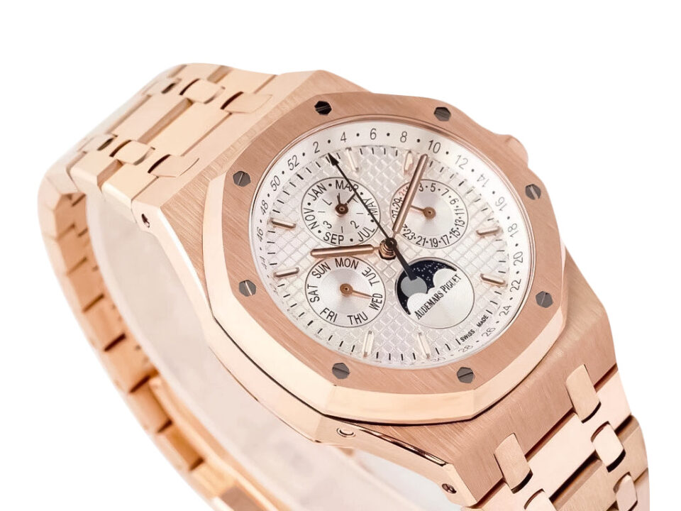 Royal Oak Perpetual Calendar Pink Gold with Silver Dial (41mm) featuring day, date, month, and moon phase indicators.