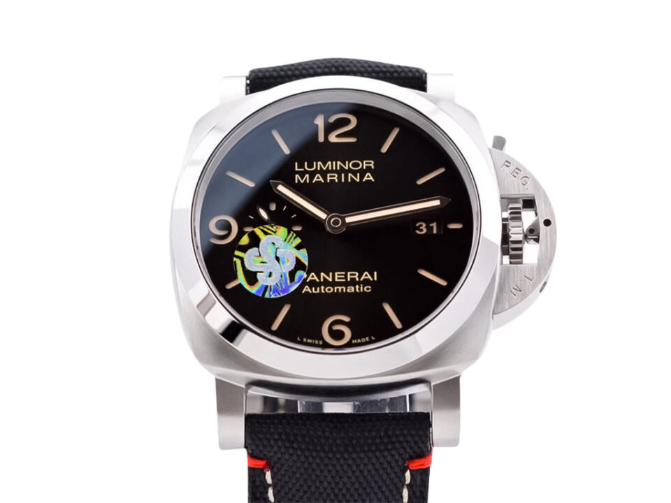 Luminor 1950 44mm Roma watch with stainless steel case, black sunburst dial, luminous markers, and date display.