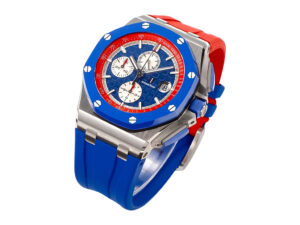 Royal Oak Offshore Chronograph ‘Russian Flag’ (44mm) featuring a blue and red design, with a steel case and matching straps.
