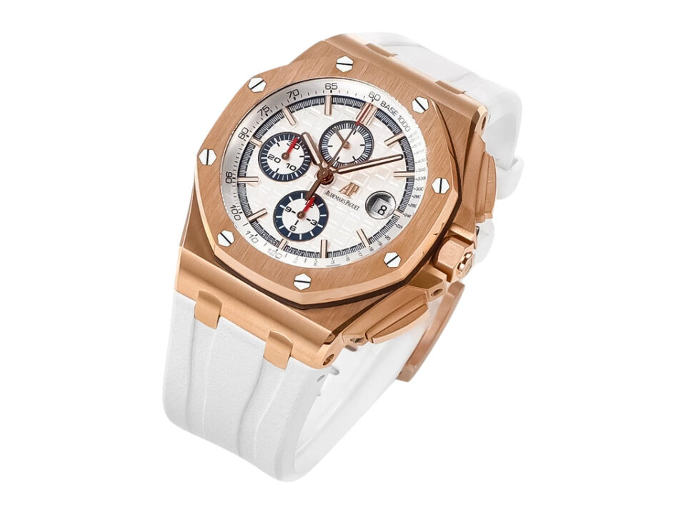 Royal Oak ‘Offshore Chronograph’ Pink Gold with White Dial (44mm) featuring a white strap and octagonal bezel.