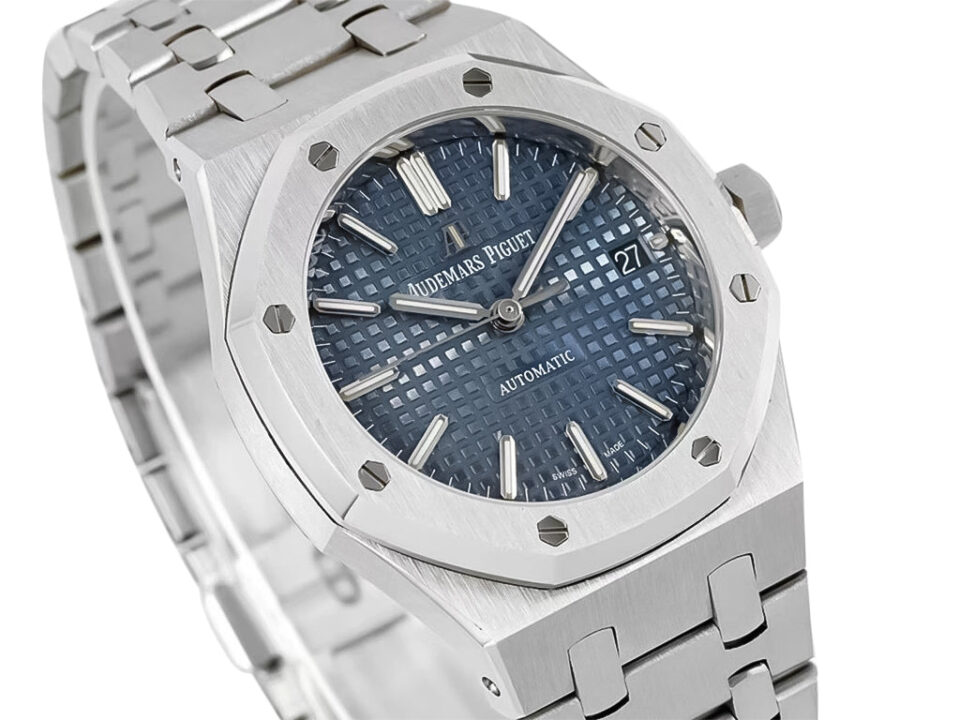 Royal Oak Stainless Steel with Blue Dial (37mm), features octagonal bezel, steel bracelet, and date display at 3 o’clock.
