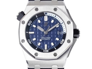 Royal Oak Offshore Diver watch in stainless steel with a 42mm case, blue dial, and white luminescent markers.