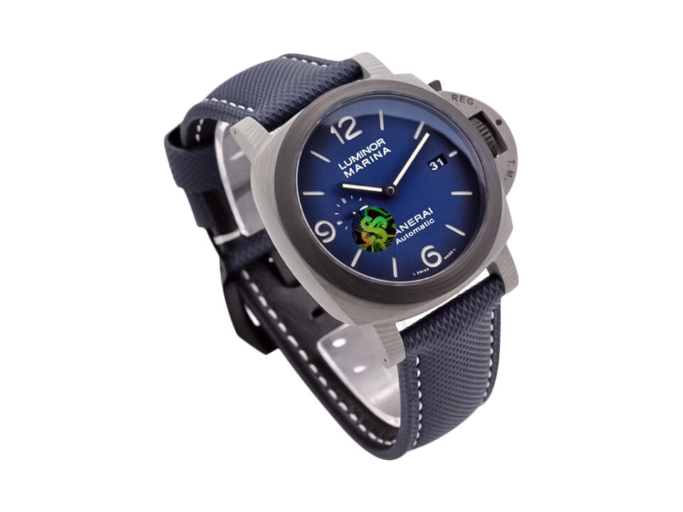 Luminor 1950 44 3 Days Automatic 'Volcano Blu – Fibratech' watch with blue dial, composite case, and textured blue strap.