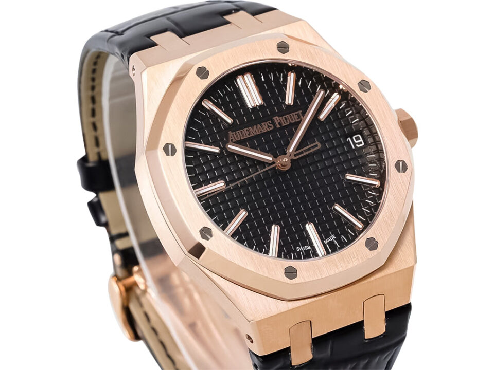 Royal Oak Pink Gold '50th Anniversary' watch with black dial, 41mm case, and leather strap displayed at an angle.