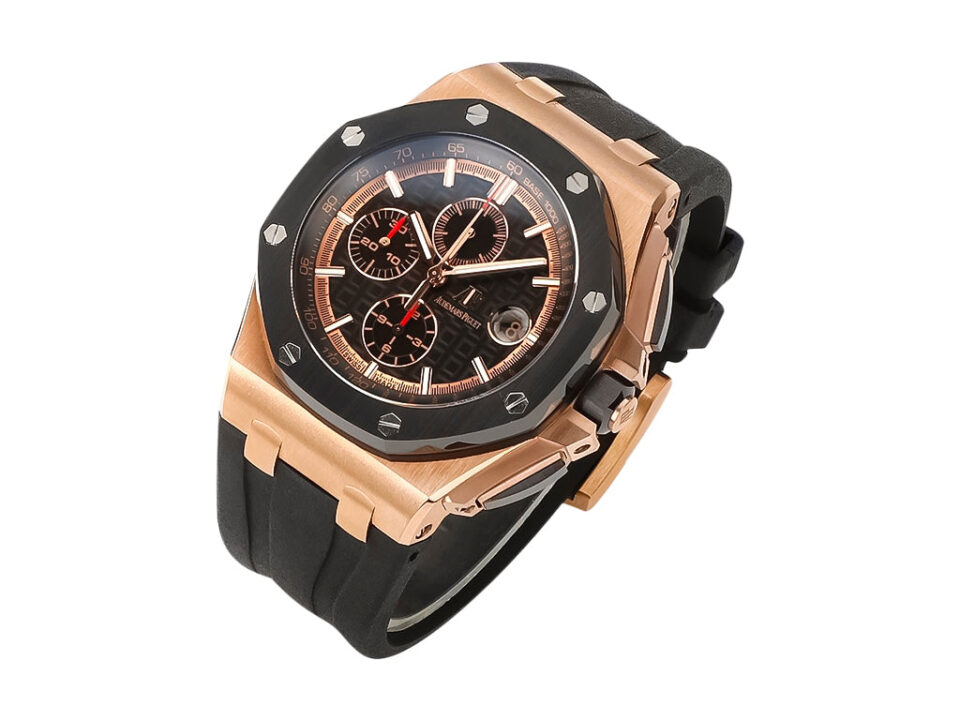 Royal Oak Offshore Chronograph in pink gold, featuring a 44mm case, black dial with subdials, and a black rubber strap.