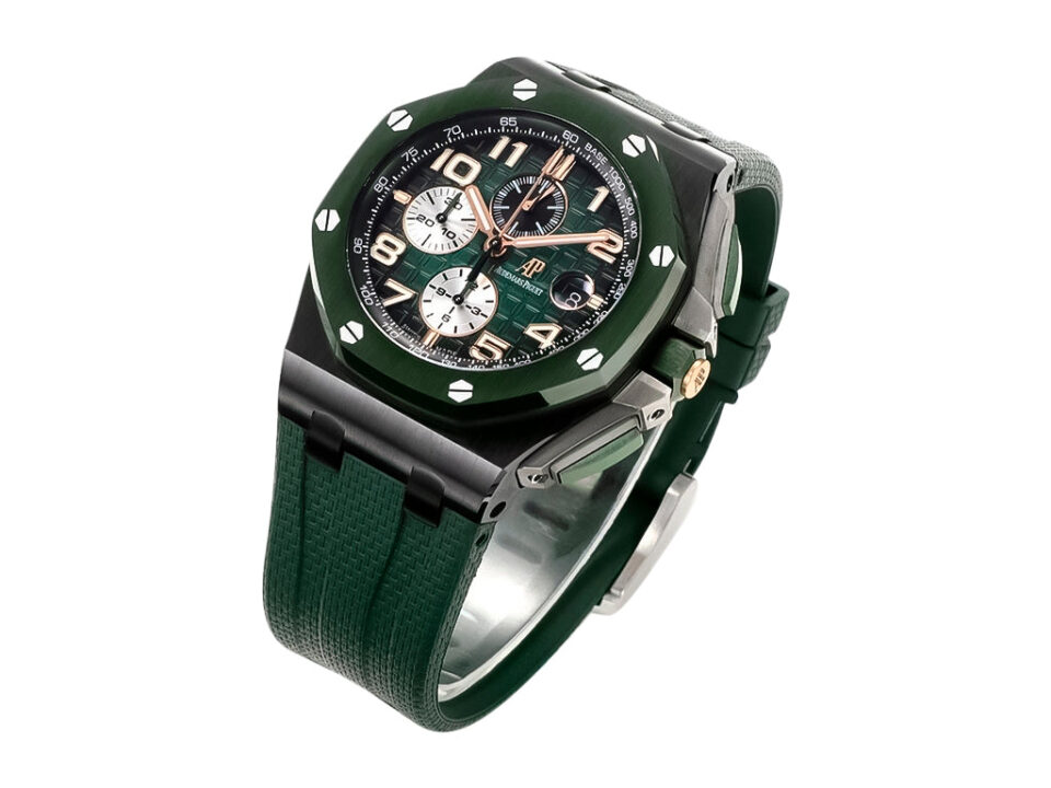 Royal Oak ‘Offshore Chronograph’ Ceramic with green dial, matching bezel, 44mm case, and textured green strap.