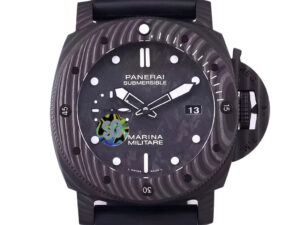 Luminor Submersible 47 Marina Militare Carbotech watch with forged carbon case, black bezel, and rubber strap.