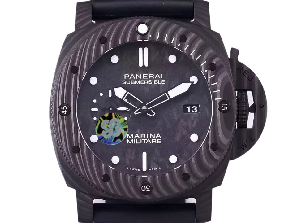Luminor Submersible 47 Marina Militare Carbotech watch with forged carbon case, black bezel, and rubber strap.