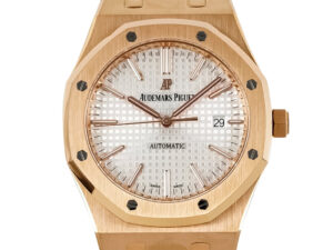 Royal Oak Pink Gold with Silver Dial (41mm)–15400, featuring an octagonal bezel and classic “Grande Tapisserie” pattern.