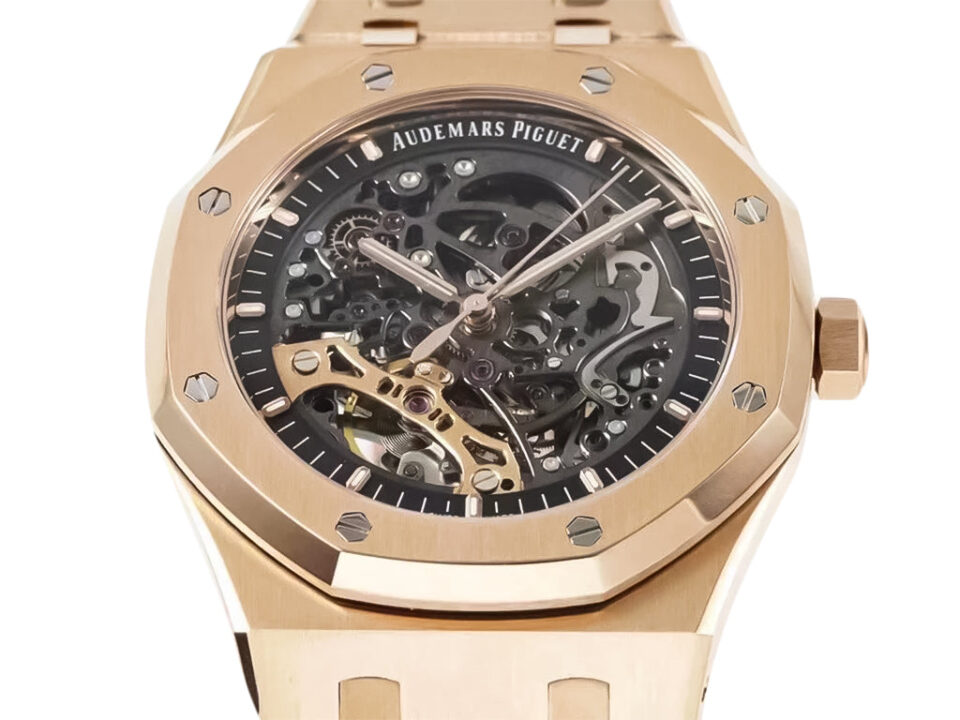 Royal Oak Pink Gold Openworked Double Balance Wheel 41mm watch with intricate skeleton design and polished pink gold finish.