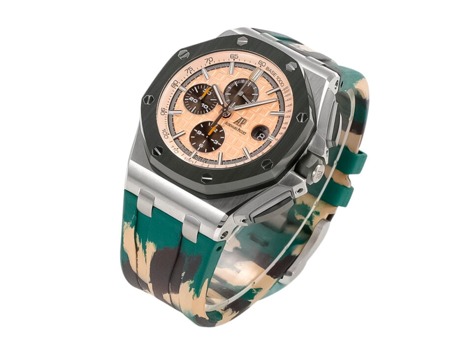 Royal Oak ‘Offshore Chronograph’ Stainless Steel watch with beige dial (44mm) and multicolored camouflage strap.