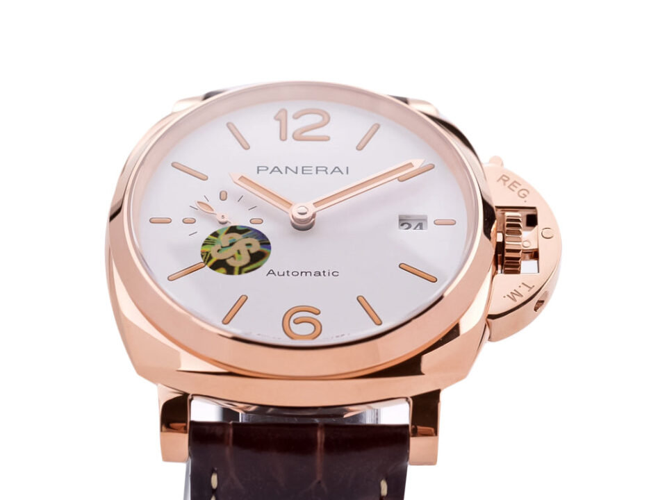 Luminor Due 42 Automatic watch with Goldtech case, white dial, and brown strap displayed on a product page.
