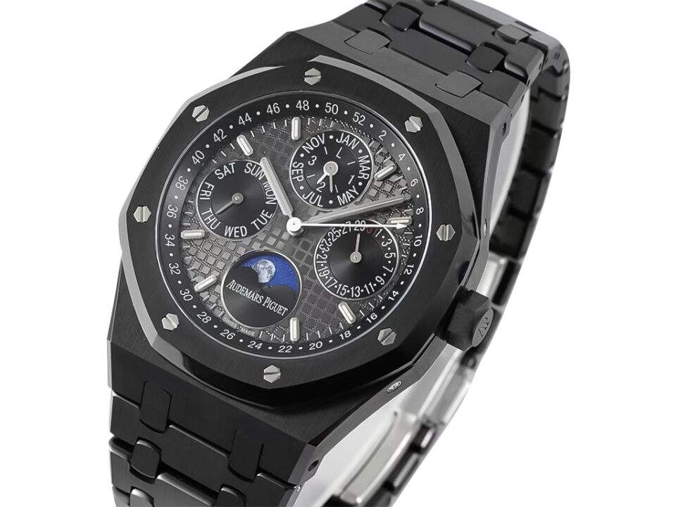 Royal Oak Perpetual Calendar Ceramic watch with a 41mm case, black dial, and moon phase display on the product page.