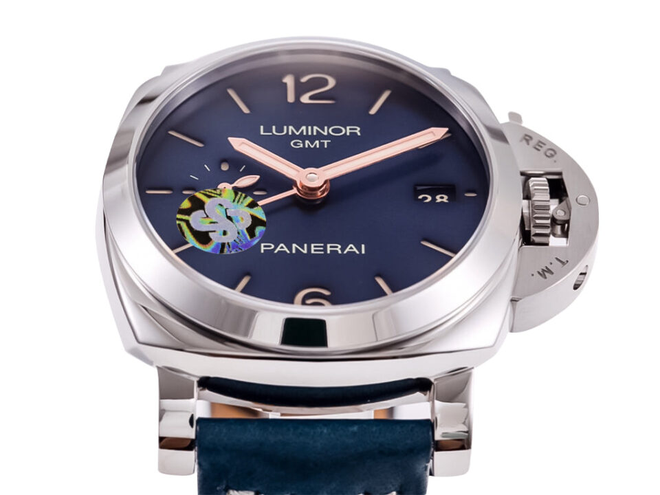 Luminor 1950 3 Days GMT Automatic Acciaio with stainless steel case, blue dial, and matching blue strap displayed at angle.