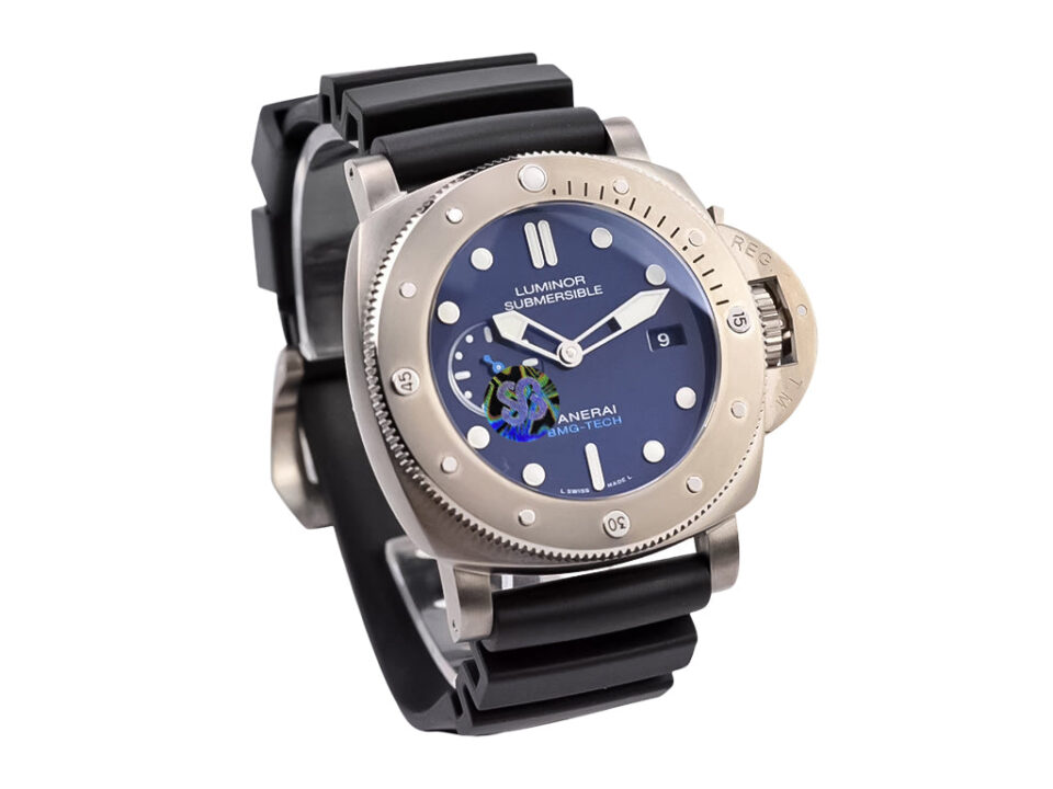 Luminor Submersible 47 3 Days Automatic watch with BMG-Tech titanium case, blue dial, and black rubber strap.