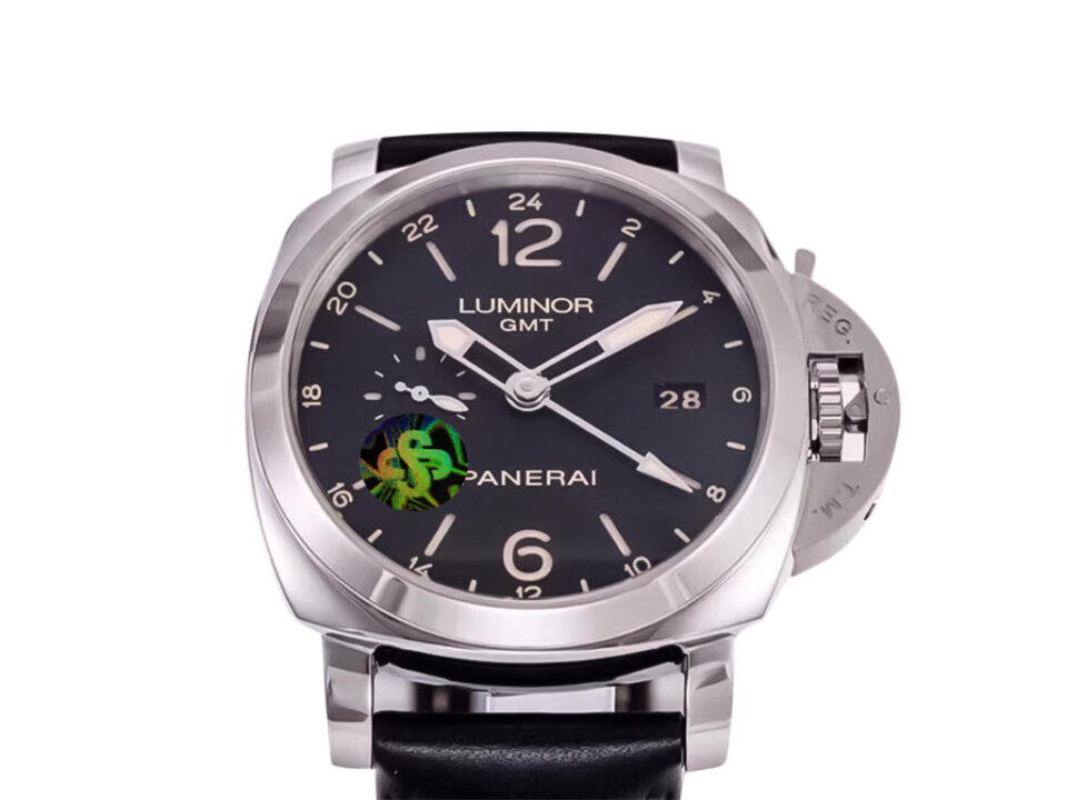 Luminor 1950 3 Days GMT Automatic watch with stainless steel case, black dial, and black leather strap.