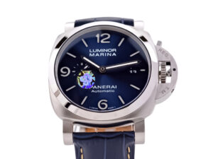 Luminor 1950 Marina 3 Days Automatic watch with stainless steel case, blue sunburst dial, and matching blue strap (44mm).