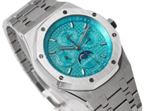 Royal Oak ‘Perpetual Calendar’ Stainless Steel UAE watch with a vibrant turquoise dial, 41mm case size, and sleek bracelet.