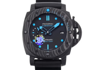 Luminor Submersible 42 3 Days Automatic watch with a forged carbon case and bezel, black dial, and luminous blue markers.