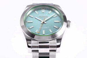 Milgauss GV Stainless Steel watch with Z-Blue dial (40mm), featuring green sapphire crystal and orange seconds hand.