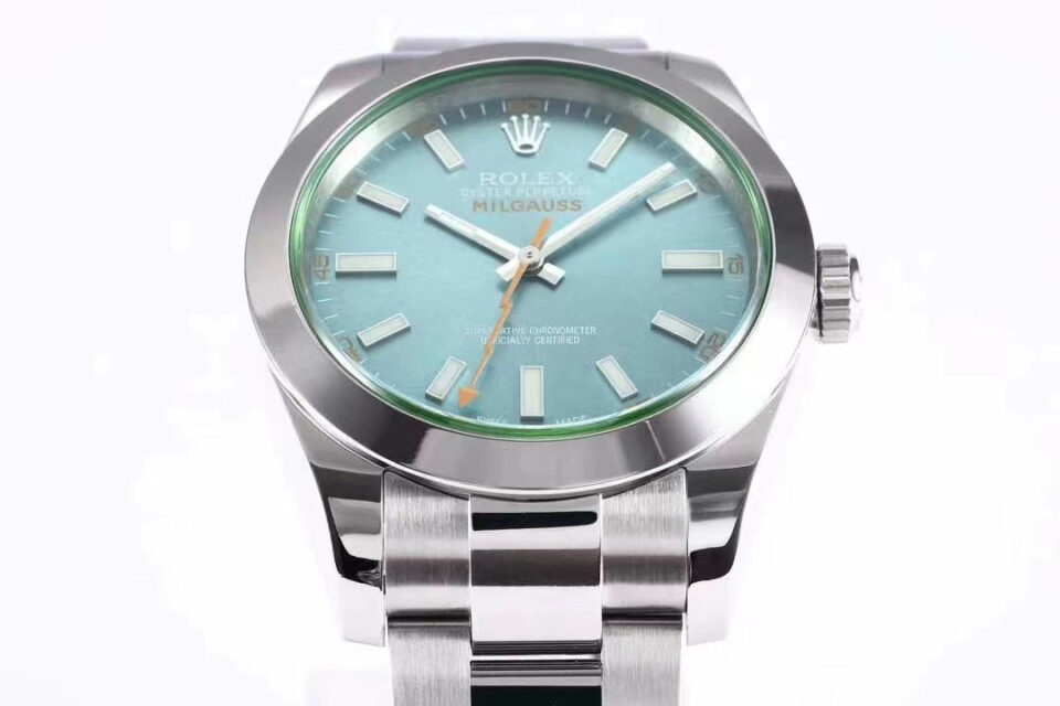 Milgauss GV Stainless Steel watch with Z-Blue dial (40mm), featuring green sapphire crystal and orange seconds hand.
