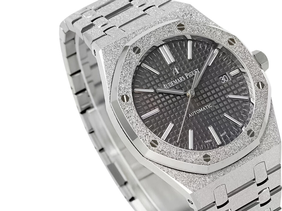 Royal Oak Frosted Stainless Steel watch with Grey Dial, 41mm case, textured bezel, and stainless steel bracelet.