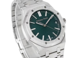 Royal Oak Stainless Steel ’50th Anniversary’ watch with a 41mm case and green dial, featuring silver hour markers and hands.