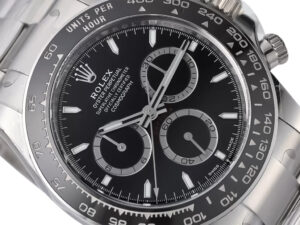 Cosmograph Daytona Stainless Steel with Black Dial (2023), featuring chronograph subdials and tachymeter bezel.